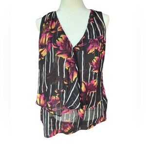 Milano Sheer Layered Flowy Sleeveless Top-Blouse-Floral-Stripes-Women’s-Size L